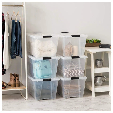 Straight Up Premium 54 Qt Stackable Storage Bins With Lids 12 Pack Clear Plastic Totes arranged for closet organization.
