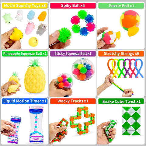 76 Pack Sensory Fidget Toys Set For Stress Relief And Anti Anxiety showing mochi squishies, spiky balls, puzzle ball, and more.