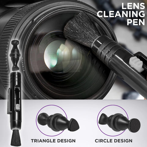 Altura Photo Camera Cleaning Kit featuring lens cleaning pen, brush, air blower, and microfiber cloths; black.