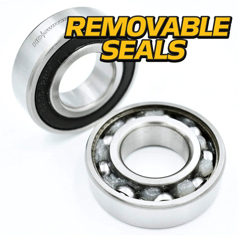 Close-up of Beefed-Up Heavy Duty Four Pack Front Wheel Bearing 022-7009-00 Replacement Kit showing removable seals
