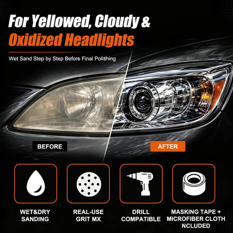 192 Piece Drill Sanding Disc Kit With 60 To 5000 Grit Polish Attachments includes before and after shot of headlight restoration.