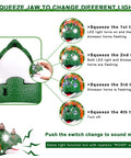 Diagram showing the Dinosaur Themed LED Headlamp with different light modes for kids and adults, featuring squeeze jaw action.