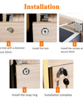 Installation steps for Heavy Duty Cabinet Drawer Locks With Keys Four Pack including drilling, locking, and securing.