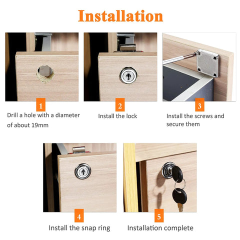 Installation steps for Heavy Duty Cabinet Drawer Locks With Keys Four Pack including drilling, locking, and securing.