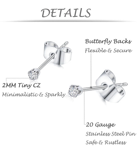 20 Pair 20G 2mm Tiny Stud Earrings Set In 316L Stainless Steel With CZ Ball Studs And Steel Ball Designs For Men And Women Daily Wear Friendly Multipack With Eye Catching Shine And Durable Affordable Earring Set. 2mm CZ stud with butterfly back
