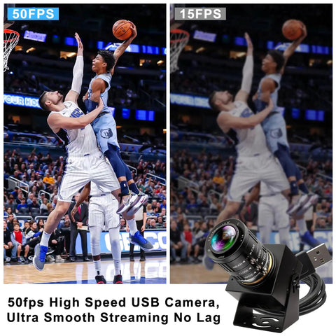 Comparison of basketball game images captured at 50FPS and 15FPS by Five Megapixel Global Shutter USB Camera With Fifty FPS 2592x1944 Resolution 3.6 To 10mm Manual Zoom Lens
