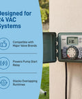 9-Station Outdoor Sprinkler Timer With Indoor And Outdoor Locking Cabinet, shown open on wall, 24 VAC, highlighting features.
