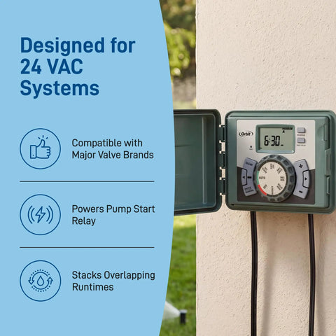9-Station Outdoor Sprinkler Timer With Indoor And Outdoor Locking Cabinet, shown open on wall, 24 VAC, highlighting features.