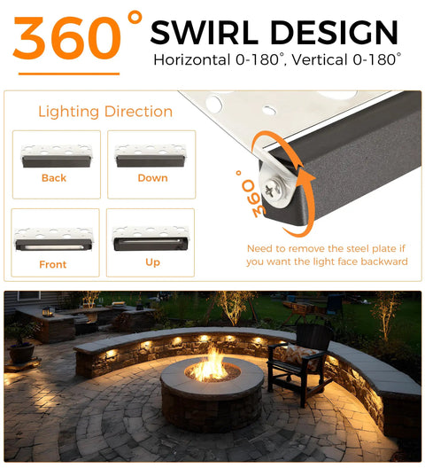 6 Pack 4 Inch Low Voltage Paver Lights For Outdoor Steps And Retaining Walls Easy Cuttable Design 12V 15VAC DC IP65 Waterproof Frost Lens 3W 2700K Soft White Hardscape Landscape Lighting installed around a firepit displaying the 360-degree swirl design for adjustable lighting directions.