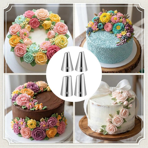 4 Piece Flower Piping Tips Set For Cake Decorating Pro Grade Stainless Steel Petal Icing Tips 101 102 103 104 with floral cakes
