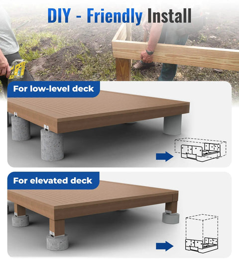Diagram of 6 Pack 6x6 Post Base for Concrete Installations with low-level and elevated deck setups