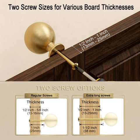 Solid Brass Cabinet Knobs 1.1 Inch Round Ball Gold Brushed Finish Dresser Drawer Pulls 15 Pack Sphere Cabinet Knobs For Kitchen Bathroom Cabinets Beefy Durable Hardware Upgrade, two screw sizes shown