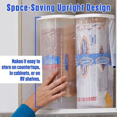 Hand placing bread in Bread Box Storage Keeps Fresh Loaf In Original Bag One And A Half Pound Sandwich Size Kitchen Organizer