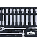 Three Eighths Inch Drive Socket Tray Set, 24-Piece Pro Grade Metric Standard And Deep Sockets, 8mm Through 19mm, Includes 3 Inch And 6 Inch Extensions, Universal Joint, 72-Tooth Ratchet With Five Degree Swing