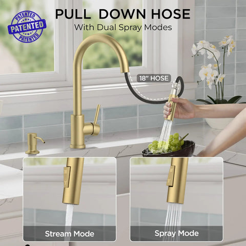 Slick Brushed Gold Kitchen Faucet With Pull Down Sprayer And Dual Spray Modes High Arc Spout Design in use with 18 inch hose.