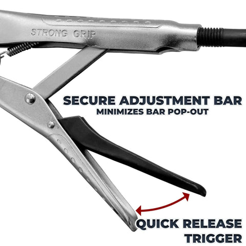 Side view of Pipe Alignment Chain Pliers showing quick release trigger and secure adjustment bar with strong grip.