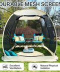 Front view of Pop Up Screen House Gazebo Igloo Canopy With Mosquito Netting Sides Instant UV Resistant Sun Shelter For Backyard Hangout Garden Patio Beige 6 By 6 Feet Lightweight Portable Easy Set Up No Tools Needed.