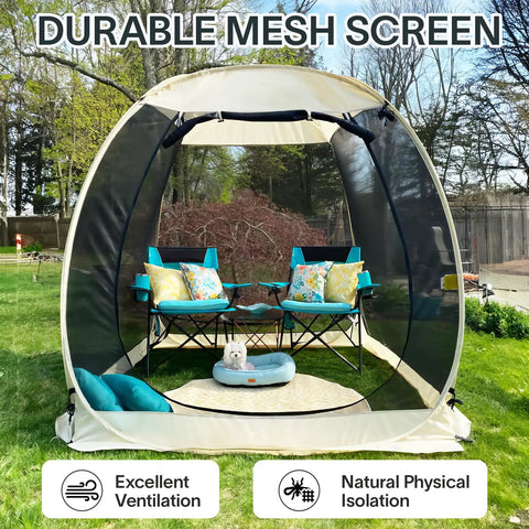 Front view of Pop Up Screen House Gazebo Igloo Canopy With Mosquito Netting Sides Instant UV Resistant Sun Shelter For Backyard Hangout Garden Patio Beige 6 By 6 Feet Lightweight Portable Easy Set Up No Tools Needed.