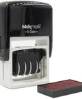 Built Tough Self Inking Date Stamp With Bright Red Ink And Big Bold Four Millimeter Dates Quick Spin Wheels, showing black and white design with ink pad.