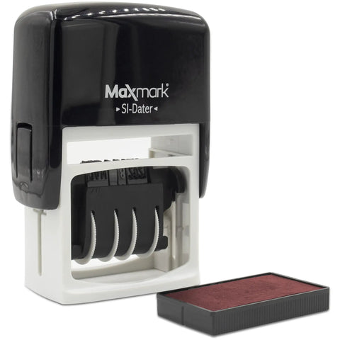 Built Tough Self Inking Date Stamp With Bright Red Ink And Big Bold Four Millimeter Dates Quick Spin Wheels, showing black and white design with ink pad.