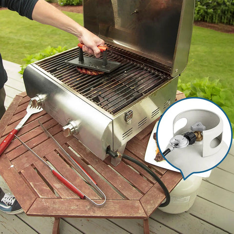 Universal 2 Feet Gas Grill Regulator And Hose For Propane Grills And Heaters All In One Easy Install Replacement in use on patio grill