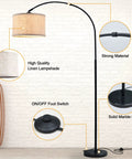 Slick Arc LED Floor Lamp With Marble Base For Living Room, rotatable hanging light, adjustable arc design, beige linen shade, foot switch.