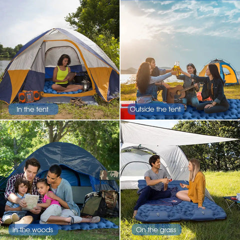 People using Ultralight Inflatable Sleeping Pad With Built In Foot Pump And Pillow For Camping in various outdoor settings