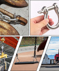 Five Eighth Inch D Ring Anchor Shackles Set Of Five, 304 Stainless Steel Screw Pin Shackles For Towing, Industrial Outdoor Vehicle Recovery, Rust Resistant, 16 mm Breaking Load 41,876 Lbs with various uses shown, including towing and lifting in industrial and outdoor settings.