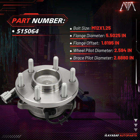 Front Wheel Hub Bearing Assembly 6 Lug With ABS For Nissan Frontier Xterra Pathfinder Suzuki Equator 2WD RWD Replacement OE Quality Fit Durable Hub Unit For Smooth Steering Quiet Operation with flange and bolt specifications visible.