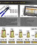 Rivet Nut Tool Kit With SAE Threads, 420 Piece Imperial Rivet Nuts Set, Manual Rivet Nut Tool For Auto, Industrial And DIY Projects