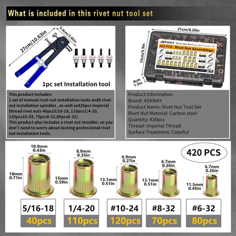 Rivet Nut Tool Kit With SAE Threads, 420 Piece Imperial Rivet Nuts Set, Manual Rivet Nut Tool For Auto, Industrial And DIY Projects