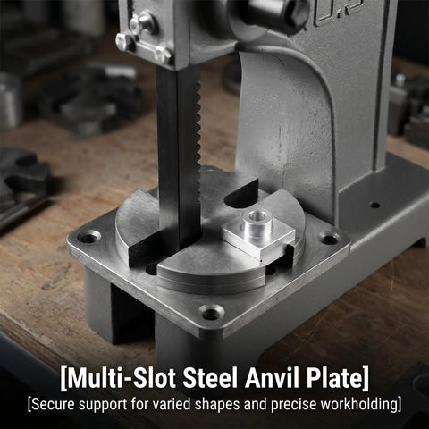 Close-up of multi-slot steel anvil plate on Heavy Duty Manual Arbor Press 3 Ton Desktop Punch Machine for secure metalworking.