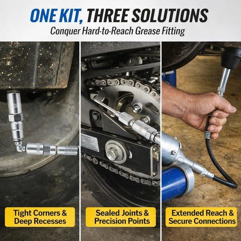 9 Piece Grease Gun Couplers Quick Connect Kit With 12 Inch Flex Hose And Roll Up Case Universal One Eighth Inch NPT Threads