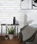 White Wood Peel And Stick Wallpaper With Distressed Plank Look Removable Self Adhesive Wall Covering in bedroom setting.
