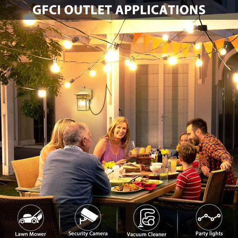 Family dining outdoors with Durable Dusk To Dawn Outdoor Porch Light With GFCI Outlet And Two Receptacles illuminating patio