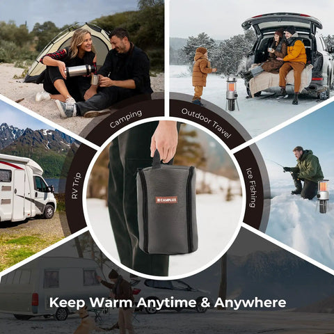 Multiple outdoor scenes with people using the 8,500 BTU Portable Propane Heater For Outdoors With Tilt Switch And Two Speed Heating