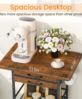 Five Tier Rolling Coffee Cart On Wheels With Two Large Drawers Extra Wide Coffee Bar Cart top view with coffee maker and flowers