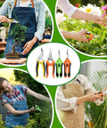 Four Pack Garden Pruning Shears Set With Stainless Steel Blades, Three Blade Types shown used for Bonsai, flowers, and branches.