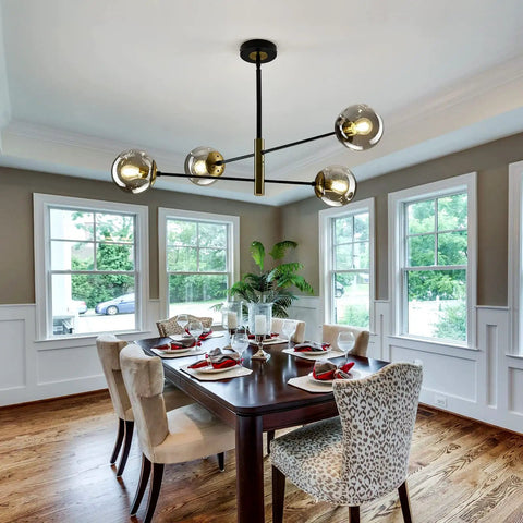 Vintage Farmhouse 4 Light Metal Chandelier With Dope Black Glass Globes Overhead Ceiling Light Fixture in dining room