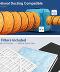 Heavy Duty Air Scrubber With Three Stage Filtration And Hepa Clean Shield Tech Packs showcasing optional ducting and included filters.