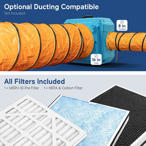 Heavy Duty Air Scrubber With Three Stage Filtration And Hepa Clean Shield Tech Packs showcasing optional ducting and included filters.