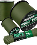 Spools of Tough As Nails Paracord Rope 750 Lb Strength For Survival And Camping Gear in various lengths and 4 mm diameter.