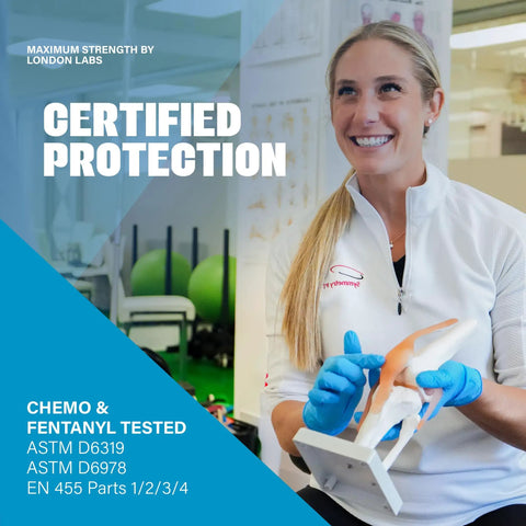 Blue Nitrile Exam Gloves 4 Mil Heavy Duty 1000 Count Bulk Box Powder Free Latex Free Chemical Resistant worn by a professional.