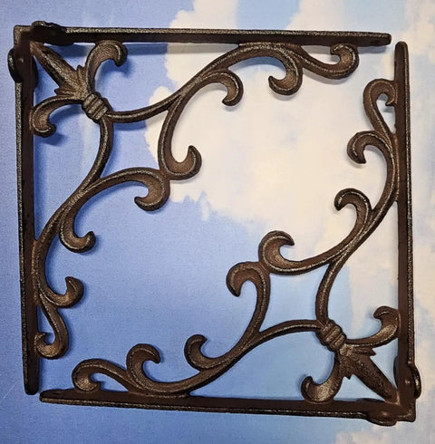 Sturdy Cast Iron Shelf Bracket Set 10 By 10 Inches, Ornate Fleur De Lis Design, Four Pack, Matte Brown Finish