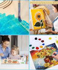 Close-up of blue paint on five-pack basswood sheets (12x12x1/8in) being painted with a brush
Side view of sunflower painting on basswood sheets on an easel
Front view of mother and child painting on basswood sheets
Installed view of floral painting on basswood sheet mounted for display with palette
