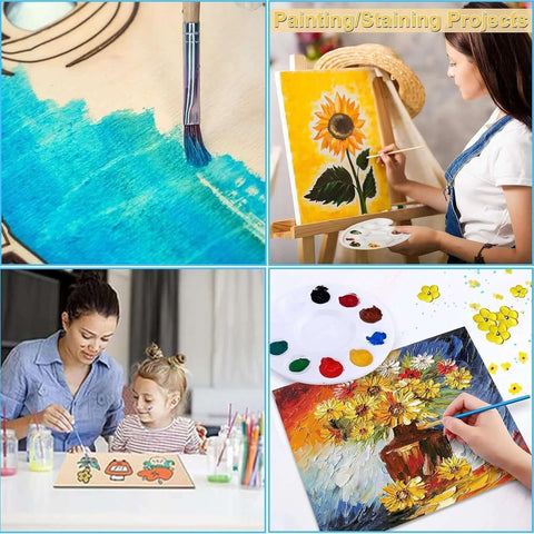 Close-up of blue paint on five-pack basswood sheets (12x12x1/8in) being painted with a brush
Side view of sunflower painting on basswood sheets on an easel
Front view of mother and child painting on basswood sheets
Installed view of floral painting on basswood sheet mounted for display with palette