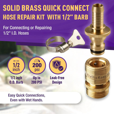 Solid Brass Quick Connect Hose Repair Kit with 1/2 Inch Barb, for connecting or repairing hoses, includes tool-free clamp