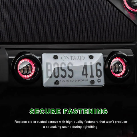 Built Tough Heavy Duty Steel License Plate Screws Rock Solid Security Kit For Cars Suvs And Trucks Self Tapping Fasteners keeps license plate secure with black fasteners.