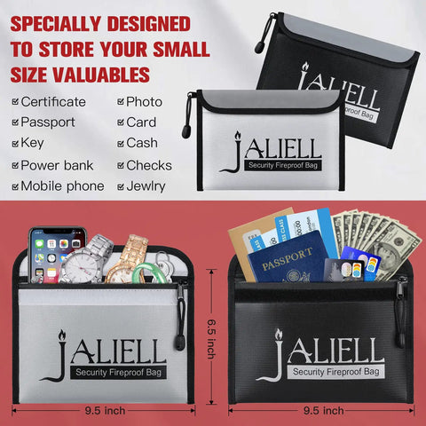 Two Pack Fireproof Money Bags With Zipper And Waterproof Seal 9.5 By 6.5 Inch Durable Silicone Coated Fiberglass in Black and Gray