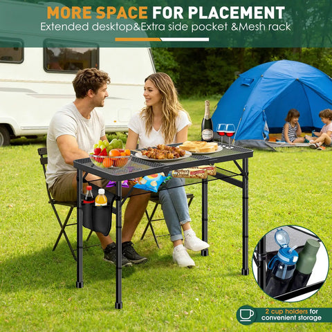 Aluminum Folding Camping Table With 3 Adjustable Heights Up To 27.5 Inches, 3 Foot Portable Picnic Table for Outdoors with food setup